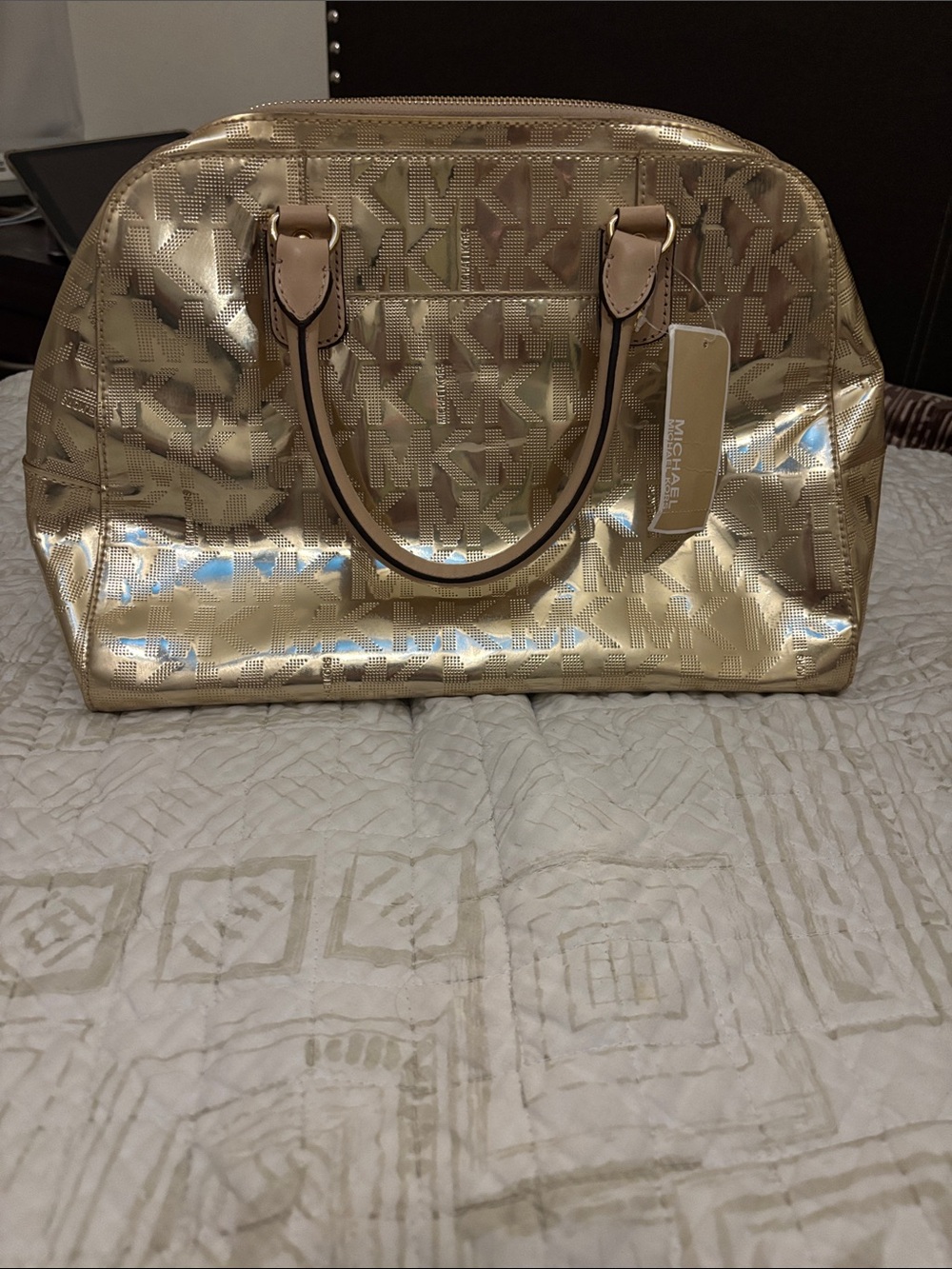 Michael Kors Gold Metallic Logo Travel Satchel